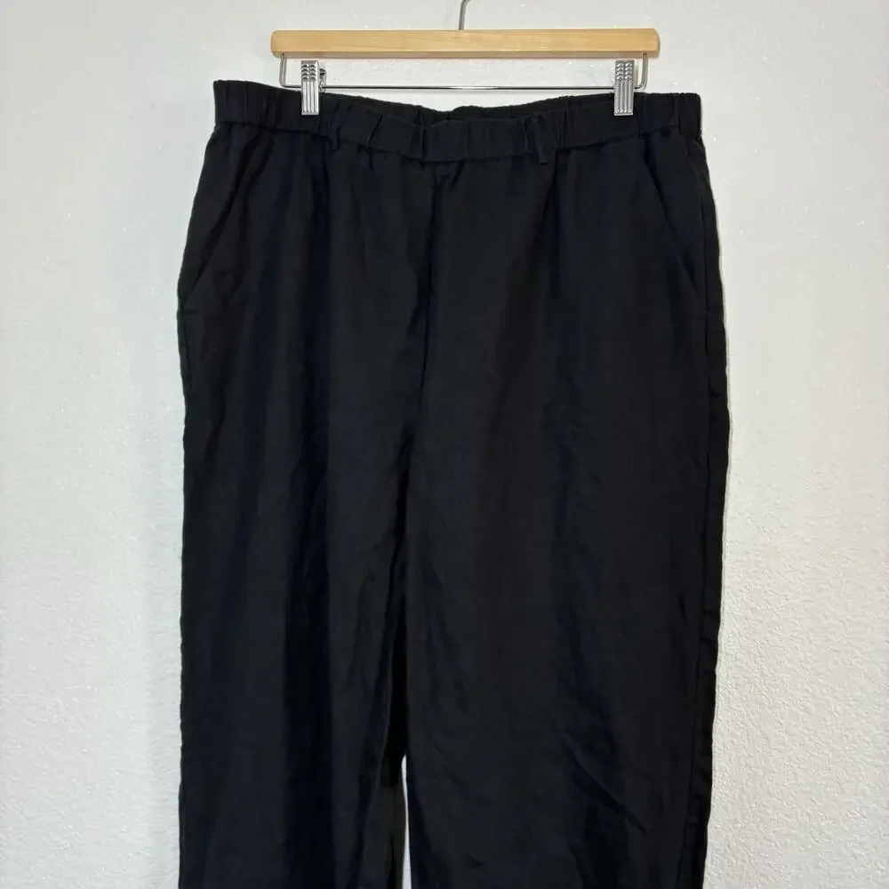 Quince Linen Pants Womens XL Black Wide Leg Elastic Waist Relaxed Pull On Casual